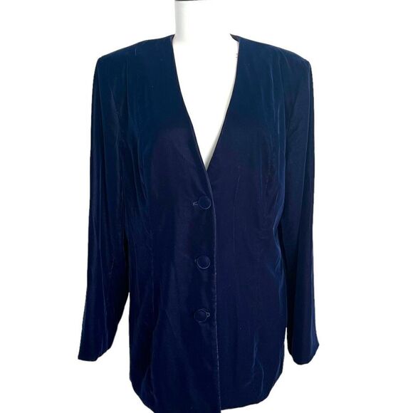 Vintage Talbots Navy Velvet Blazer button Jacket V neck Collarless Size 12 - Picture 2 of 15